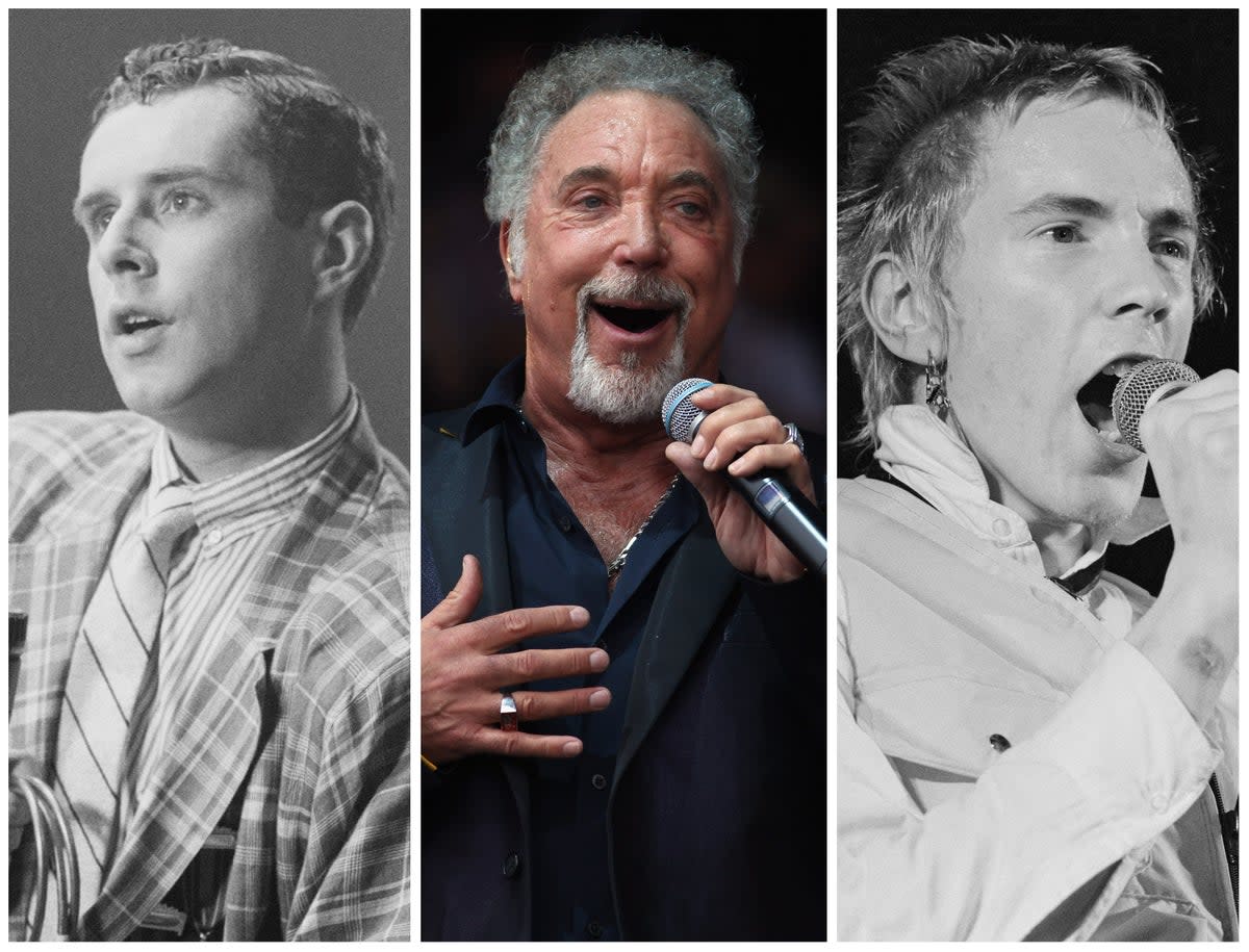 L-R: Holly Johnson of Frankie Goes to Hollywood, Tom Jones, and John Lydon (Johnny Rotten) of the Sex Pistols (Getty)