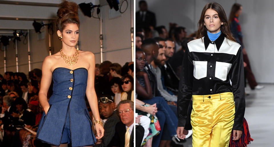 Cindy Crawford in 1991, making her runway debut for Donna Karan; Kaia Gerber walking for Calvin Klein on Thursday. (Photo: Getty Images)