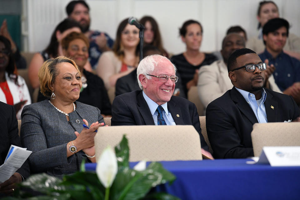 Sen. Bernie Sanders takes the stage at a South Carolina town hall with black lawmakers in April.