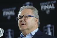 Vegas Golden Knights general manager Kelly McCrimmon speaks during a news conference ahead of the NHL Stanley Cup hockey final Friday, June 2, 2023, in Las Vegas. (AP Photo/John Locher)