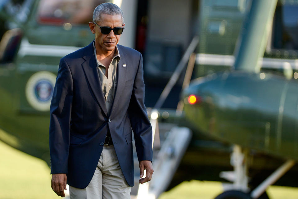 <p>President Barack Obama walks toward the White House after exiting Marine One upon his arrival from Baton Rouge, La., on Aug. 23, 2016 in Washington. (Photo: Leigh Vogel/WireImage/Getty Images) </p>