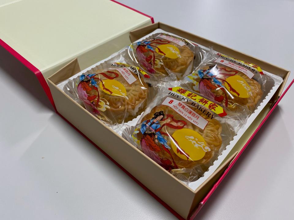 Box of lotus seed paste mooncake from Que Huong. These Huy Ky Bakery mooncakes are from California.