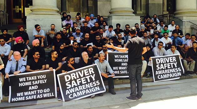 Cab drivers at Parliament for thier rally to raise awareness of violence against taxi drivers. Photo: Mark Mooney, 7News.