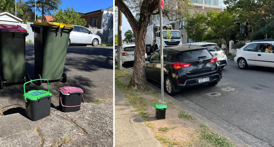 Left, two benchtop caddies have been placed at the edge of the curb for collection. Right, a lone FOGO caddy is branded as a 'hilarious' mistake online. 
