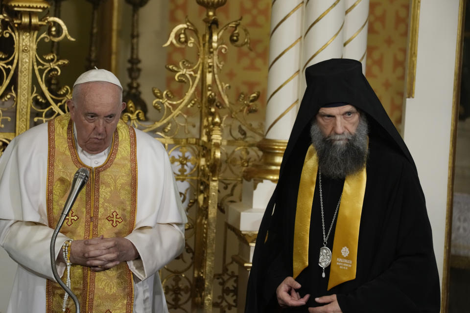 Pope Francis meets a Greek Catholic community in the "Protection of the Mother of God" church, in Budapest, Hungary, Saturday, April 29, 2023. The Pontiff is in Hungary for a three-day pastoral visit. (AP Photo/Andrew Medichini)