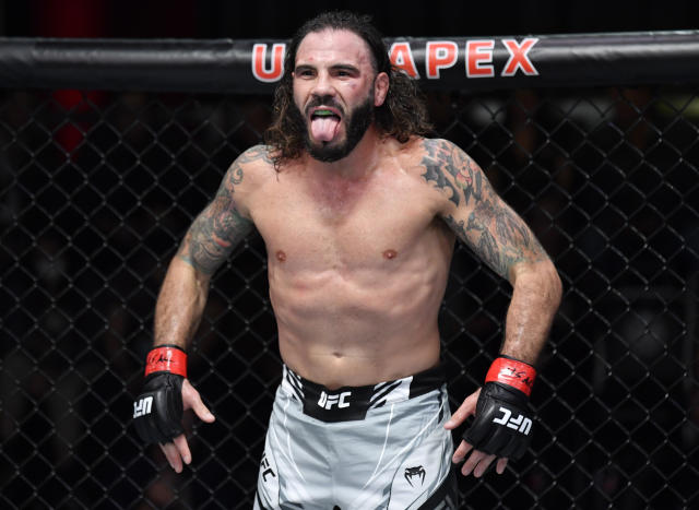 LAS VEGAS, NEVADA - DECEMBER 04: Clay Guida is seen in his corner after the first round of his lightweight fight against Leonardo Santos of Brazil during the UFC Fight Night event at UFC APEX on December 04, 2021 in Las Vegas, Nevada. (Photo by Jeff Bottari/Zuffa LLC)