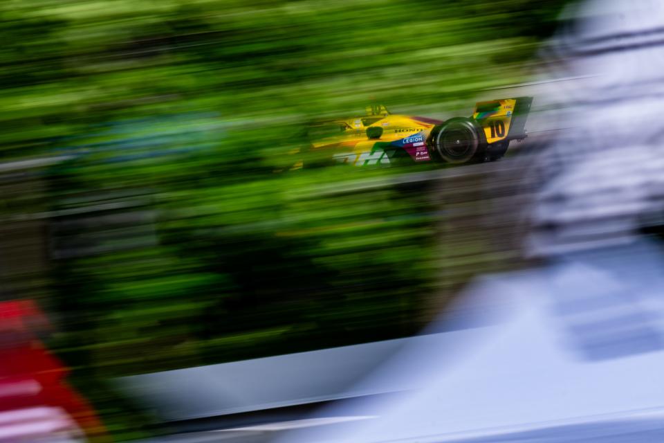 Chip Ganassi Racing Honda driver Alex Palou races through the woods during NTT IndyCar Series practice Friday at Road America. The two-time and defending race winner turned the fastest lap of the session.