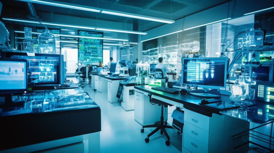 A biotechnology laboratory filled with computers and equipment to support research.