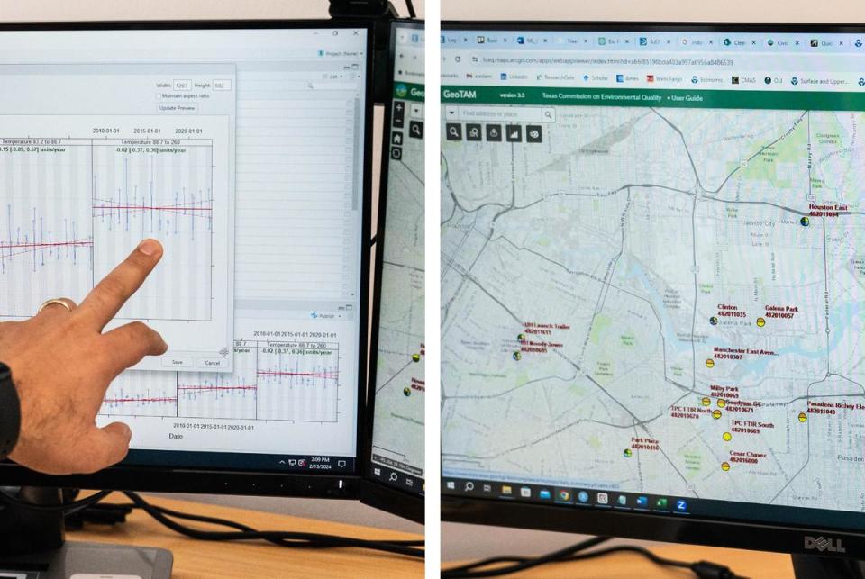 Ebrahim Eslami, a research scientist at Houston Advanced Research Center (HARC), points to air quality charts at his office in Spring, north of Houston. “It is really confusing,” Eslami said about navigating the Texas Commission on Environmental Quality’s website. “It’s a very, very tedious task even for me.” 

Ebrahim Eslami, científico investigador del Centro de Investigación Avanzada de Houston (HARC, por sus siglas en inglés), señala los gráficos de la calidad del aire en su oficina de Spring, al norte de Houston. “Es realmente confuso”, dice Eslami sobre navegar por el sitio web de la Comisión de Calidad Ambiental de Texas. "Es una tarea muy, muy tediosa incluso para mí".

Research scientist at the Houston Advanced Research Center (HARC) Ebrahim Eslami shows charts for air quality on computer screen in his office at HARC facility  in Spring, Texas on Tuesday February 13, 2024

