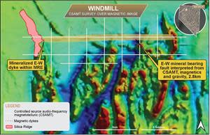 Plan view of helicopter magnetic reduced to pole image showing the location of the east-west mineral bearing fault along strike of mineralised dyke at the Silica Ridge deposit.  Northwesterly striking dyke structures also highlighted intersecting the east-west mineral bearing structure.