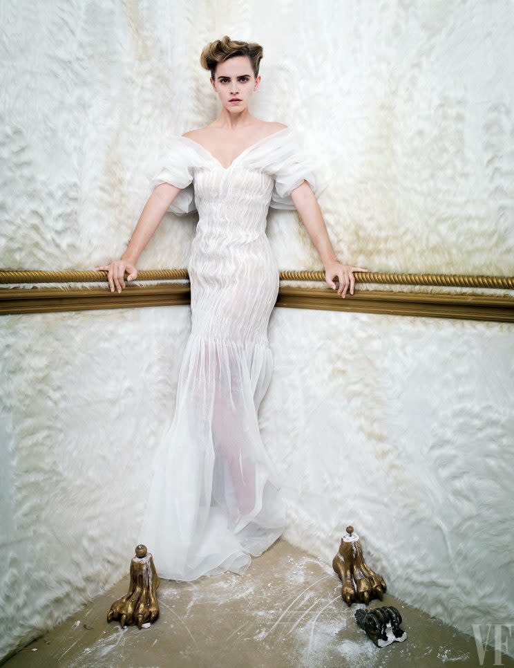 Emma poses in a dreamy Oscar de la Renta dress, photographed by Tim Walker