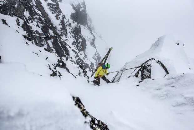JF Plouffe carefully navigates his way into a steep couloir. The range offers up all types of skiing and mountaineering adventures.<p>Photo: Guy Fattal</p>
