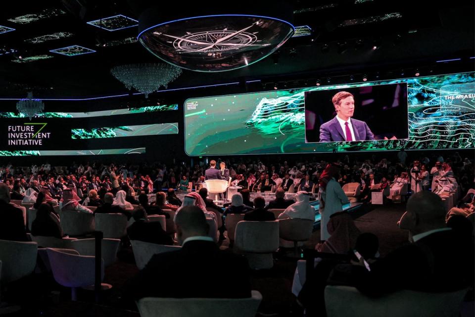 Jared Kushner, adviser to former US president Donald Trump, and Italy's former prime minister Matteo Renzi participate in a panel at the annual Future Investment Initiative conference in Riyadh (AFP via Getty Images)