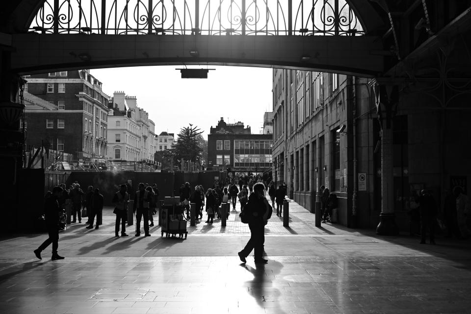 Paddington station entrance in black and white