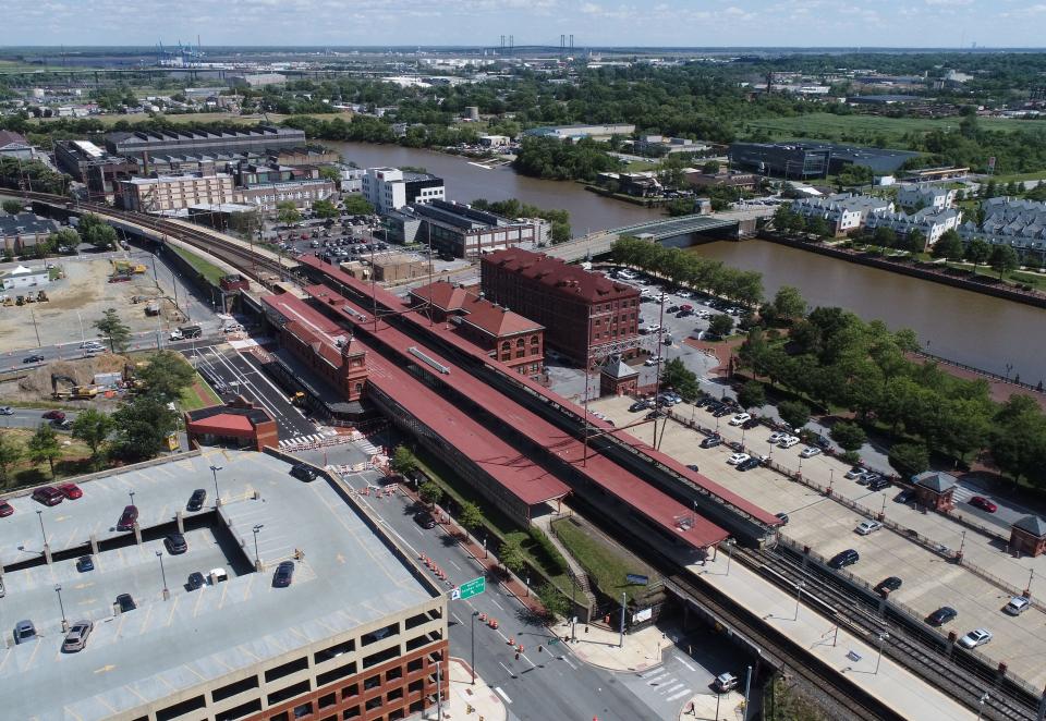 An aerial view of the Wilmington Train Station and the Christina River.