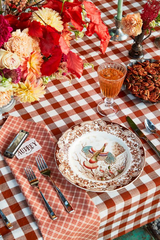 the fall table setting at a farmhouse on a 10 acre pecan grove in the mississippi delta designed by holly audrey williams and rachel hardage barrett