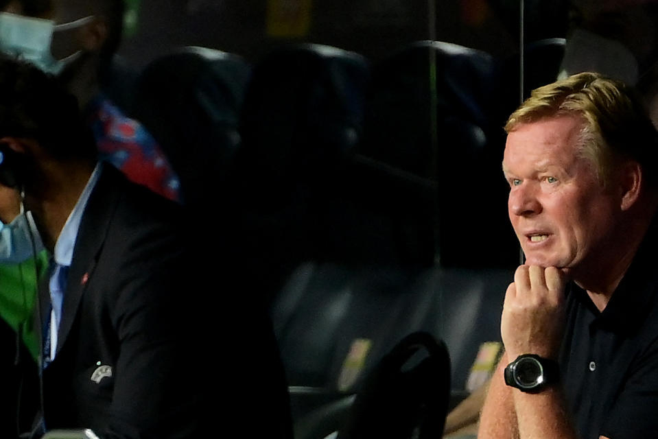 Barcelona's Dutch coach Ronald Koeman reacts during the UEFA Champions League first round group E football match between Barcelona and Bayern Munich at the Camp Nou stadium in Barcelona on September 14, 2021. (Photo by LLUIS GENE / AFP) (Photo by LLUIS GENE/AFP via Getty Images)