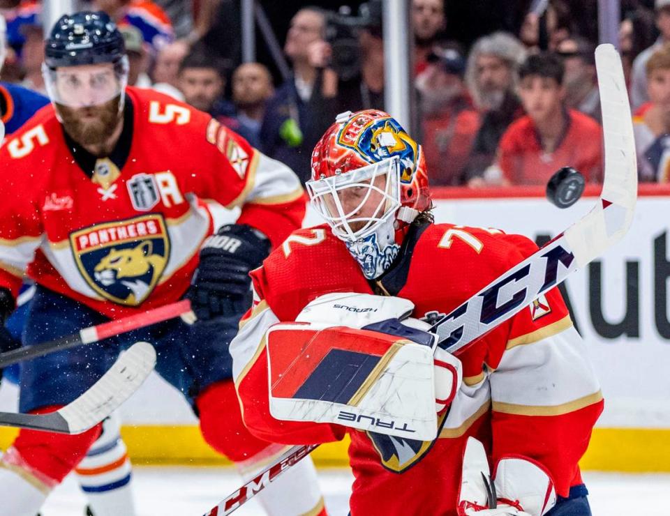 Sunrise, Florida, June 24, 2024 - Florida Panthers goaltender Sergei Bobrovsky (72) slaps away a shot during second period action in game 7 of the Stanley Cup Final at Amerant Arena in Sunrise, Florida.