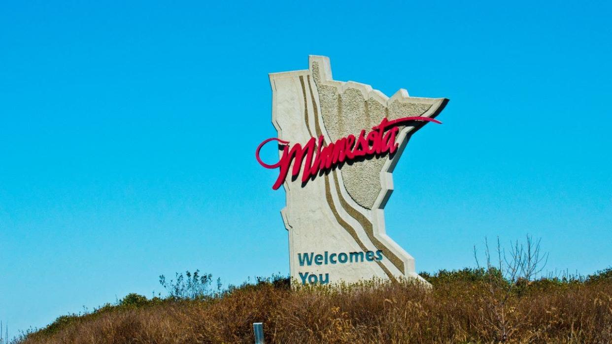 <div>Minnesota Border Welcome Monument Sign. (Photo by: Bernard Friel/Education Images/Universal Images Group via Getty Images)</div>