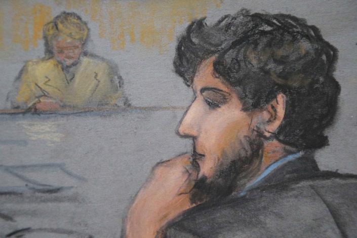 A courtroom sketch shows Boston Marathon bombing suspect Dzhokhar Tsarnaev (R) during the jury selection process in his trial at the federal courthouse in Boston, Mass., on Jan.15, 2015. Tsarnaev, who appeared in court on Thursday wearing a sports jacket and collared shirt, more formally dressed than in last week's appearances, and with trimmed hair, is also charged with fatally shooting a university police officer three days after the bombing. He has pleaded not guilty. REUTERS/Jane Flavell Collins (UNITED STATES - Tags: CRIME LAW)