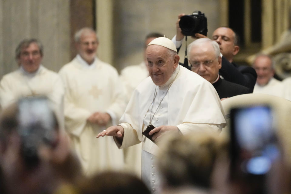 Pope Francis meets with pilgrims from Concesio and Sotto il Monte on the 60th anniversary of the death of Pope John XXIII and the election of Paul VI in St. Peter's Basilica at the Vatican, Saturday, June 3, 2023. Pope Francis warned the Vatican's missionary fundraisers on Saturday to not allow financial corruption to creep into their work, insisting that spirituality and spreading the Gospel must drive their operations, not mere entrepreneurship. (AP Photo/Gregorio Borgia)