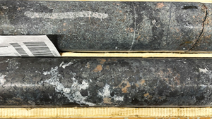 Photograph of drill core at 289 metres in drill hole HK22-011.  Top row shows nearly 100% complete replacement of alkaline ijolite host rock evident in the lower row by potassic, fenite alteration consisting of massive, fine-grained, inter-crystalline magnetite, biotite, apatite and calcite. This core is within the 13 metre interval grading 0.94% TREO, with up to up to 2.3% TREO and 20% MH-TREO by ratio (middle and heavy Rare Earth Oxide), and containing up to 39.1% Fe2O3, 11.2% P2O5 over one metre intervals. The orange spots are resorbed potassium feldspar phenocrysts, the only remaining mineral of the ijolite host rock.