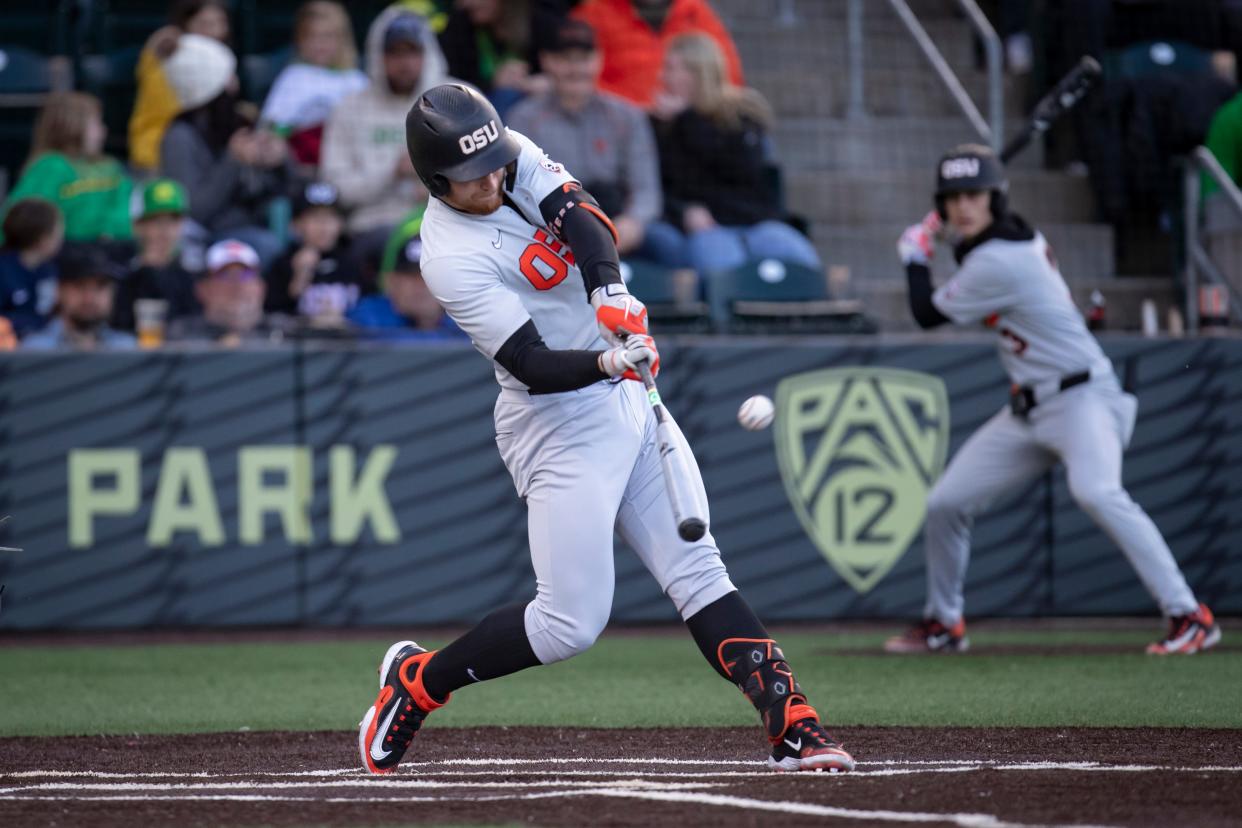Oregon State infielder Jacob Krieg hits a home run as the Oregon Ducks host the Oregon State Beavers Tuesday, April 30, 2024, at PK Park in Eugene, Ore.