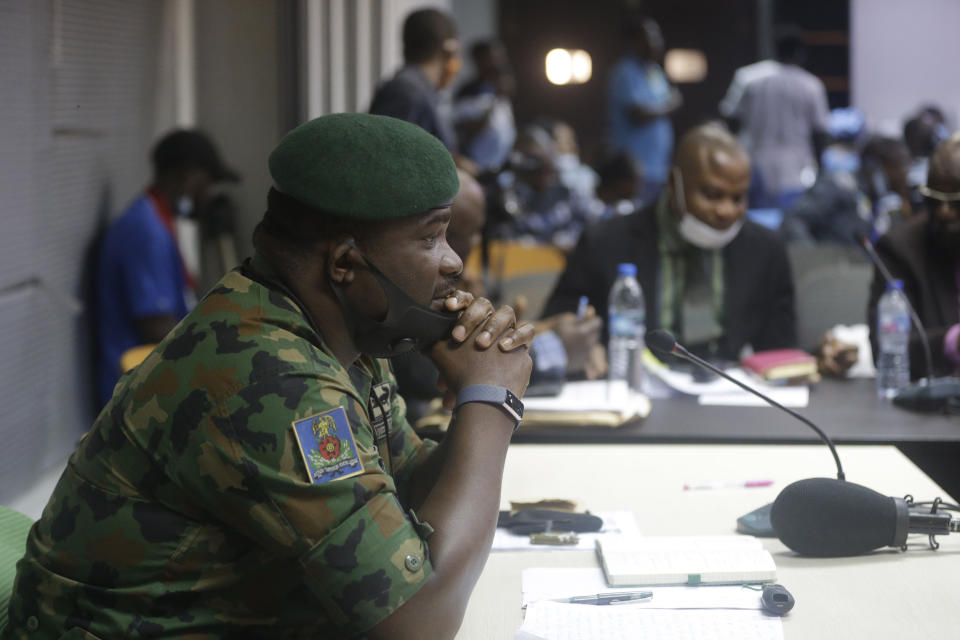 In this photo taken on Saturday Nov. 14, 2020. Brig. Gen. Ahmed Taiwo, Commander of the 81 Military Intelligence Brigade, pauses as he speaks to a judicial committee, in Lagos Nigeria. Nigeria's army has said after weeks of denial that its troop did fire shots into the air to disperse a large crowd at the Lekki Toll Plaza in Lagos where several peaceful protesters were killed late in October. (AP Photo/Sunday Alamba)