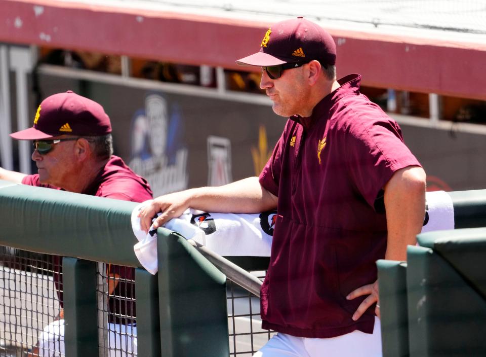 Arizona State head coach Willie Bloomquist watches the action against Arizona in the fourth inning during the Pac-12 Tournament at Scottsdale Stadium in Scottsdale on May 23, 2023.