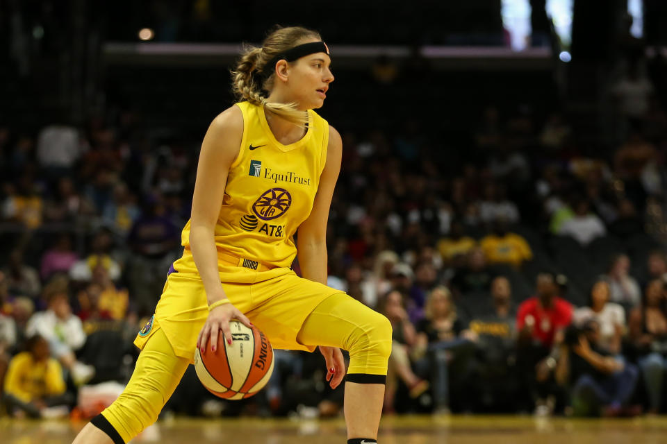 Los Angeles Sparks guard Sydney Wiese #24 dribbling during the Connectiut Sun vs Los Angeles Sparks on August 25, 2019, at Staples Center in Los Angeles, CA. (Photo by Jevone Moore/Icon Sportswire via Getty Images)