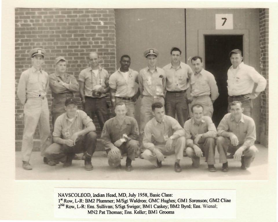 Master Chief Boatswain’s Mate Sherman Byrd’s (center top row) July 1958 graduation from Explosive Ordnance Disposal School.