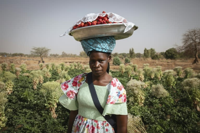 Jacqueline Taonsa tient un plat de fraises sur sa tête, à Ouagadougou, le 28 mars 2024 (FANNY NOARO-KABRÉ)