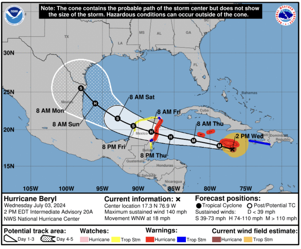 Beryl's forecast track as of 2 p.m. ET Wednesday. (National Hurricane Center)