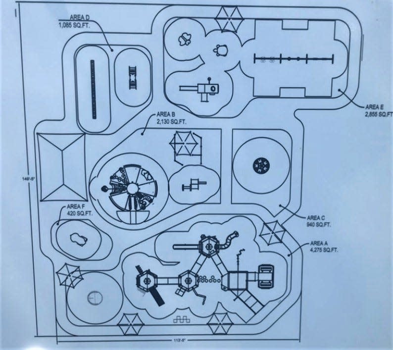A diagram for the future Finn's Friends Park at the Pfeiffer Community Center at 301 Blue Bell Road in Monroe Twp., Gloucester County. The playground is intended to be user-friendly for people with disabilities. PHOTO: May 2, 2024.
