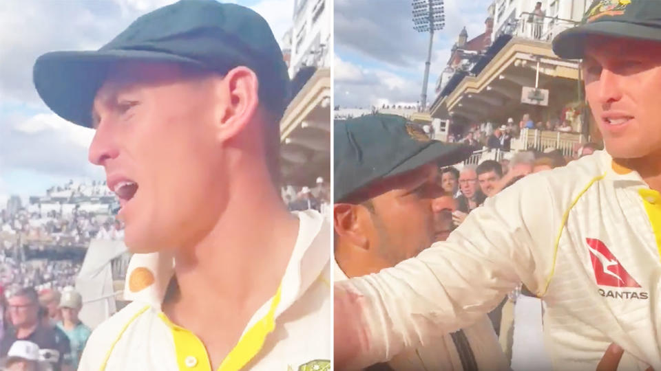 Seen here, Marnus Labuschagne and Usman Khawaja confront a rowdy England fan during the fifth Test.