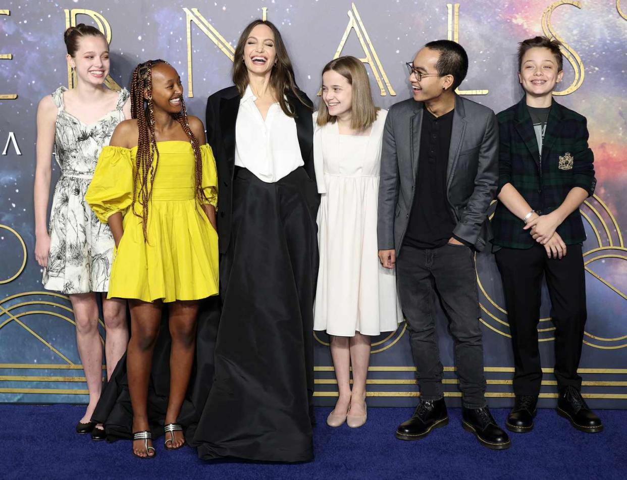 Shiloh Jolie-Pitt, Zahara Jolie-Pitt, Angelina Jolie, Vivienne Jolie-Pitt, Maddox Jolie-Pitt and Knox Jolie-Pitt attend the "Eternals" UK Premiere at BFI IMAX Waterloo on October 27, 2021 in London, England