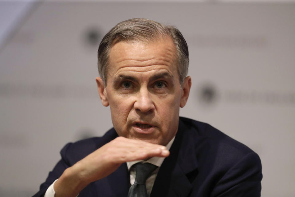 Mark Carney the Governor of the Bank of England speaks during an Inflation Report Press Conference at the Bank of England in the City of London, Thursday, May 2, 2019. (AP Photo/Matt Dunham, Pool)