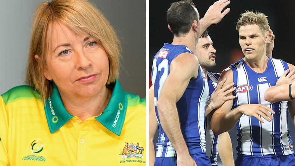 A 50-50 split image shows Lisa Alexander on the left and the North Melbourne Kangaroos on the right.