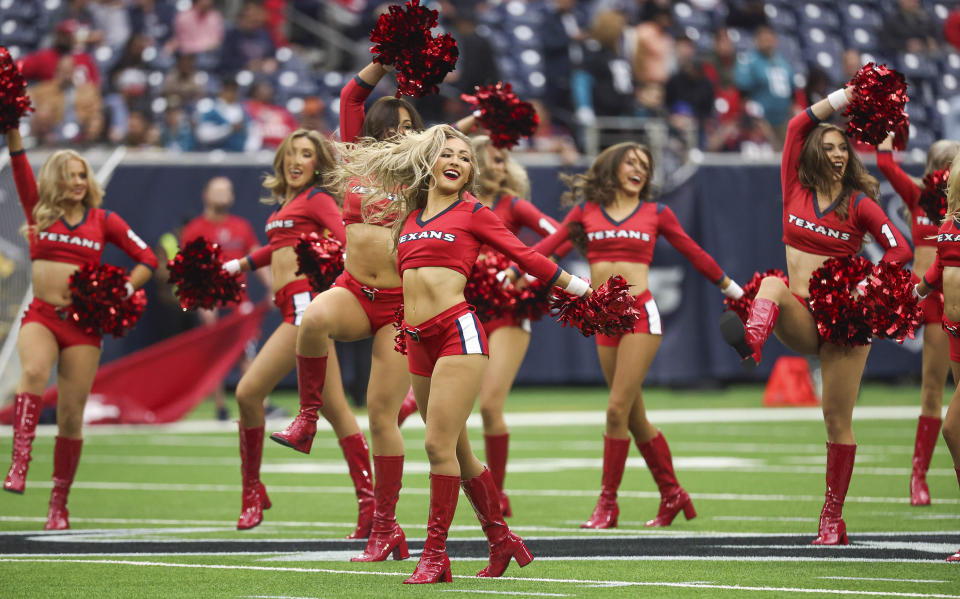 Nov 26, 2023; Houston, Texas, USA; Houston Texans cheerleaders perform before the game against the Jacksonville Jaguars at NRG Stadium. Mandatory Credit: Troy Taormina-USA TODAY Sports