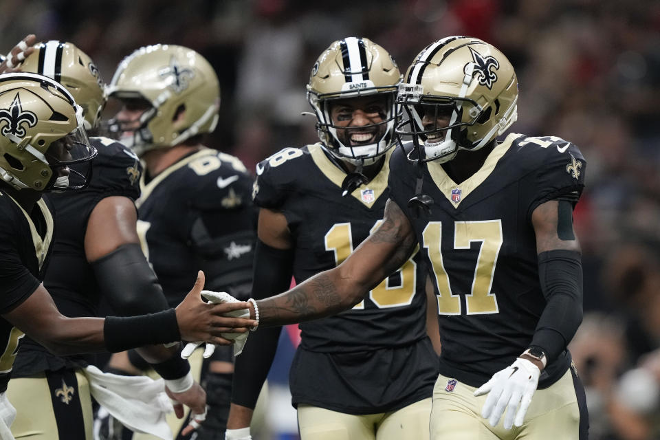 New Orleans Saints wide receiver A.T. Perry (17) celebrates touchdown in the first half of a preseason NFL football game against the Kansas City Chiefs in New Orleans, Sunday, Aug. 13, 2023. (AP Photo/Gerald Herbert)