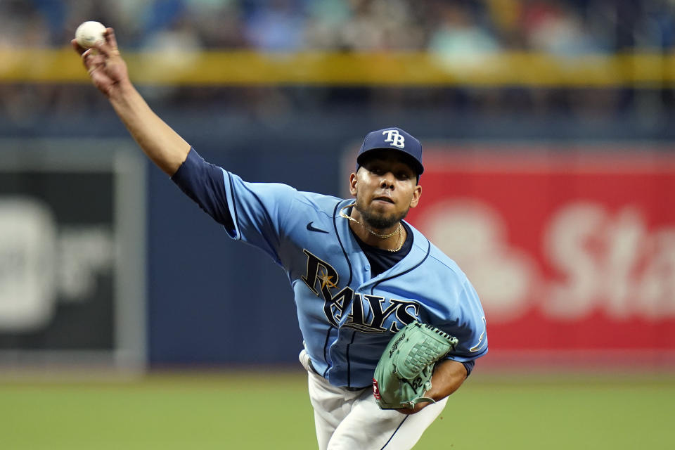 Tampa Bay Rays' Luis Patino pitches to the New York Yankees during the fifth inning of a baseball game Thursday, July 29, 2021, in St. Petersburg, Fla. (AP Photo/Chris O'Meara)