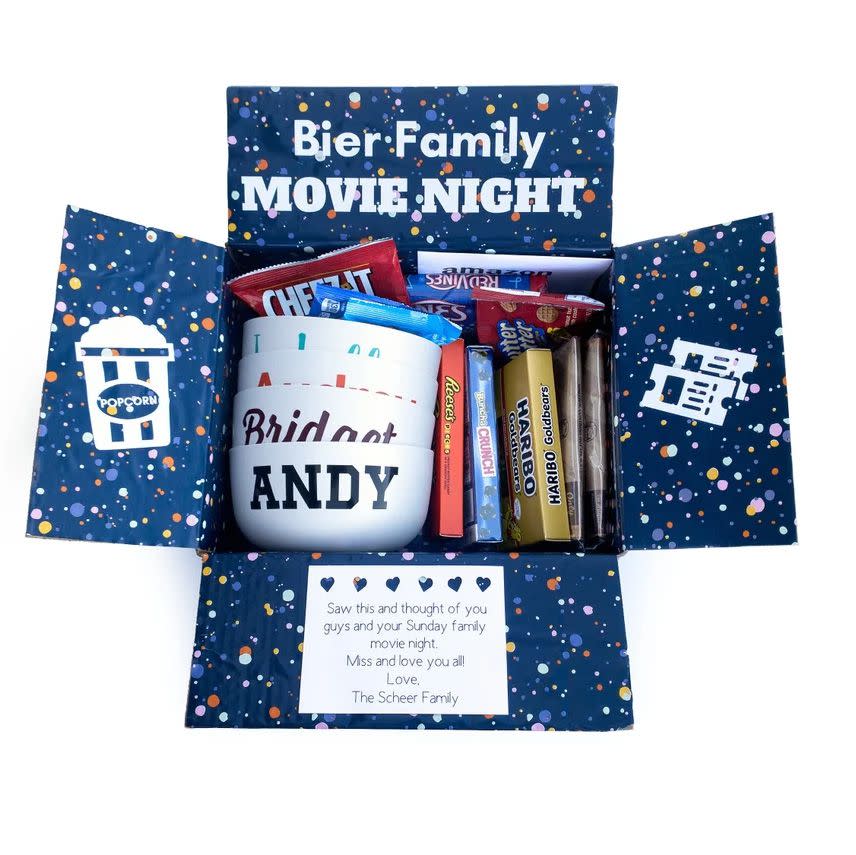 Family Movie Night Gift Box with personalized bowls and candy