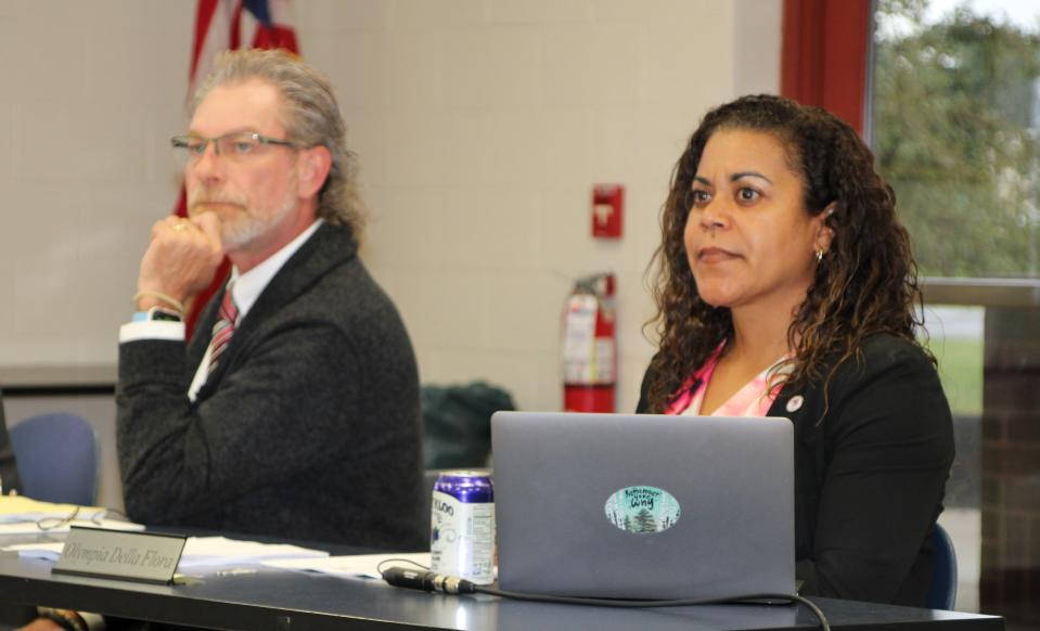 Marion City Schools Superintendent Kevin Hainer and Superintendent Olympia Della Flora listen to a presentation during the board of education meeting on Monday, Aug. 7, 2023. Della Flora became superintendent in April 2023. Hainer is new to his role.