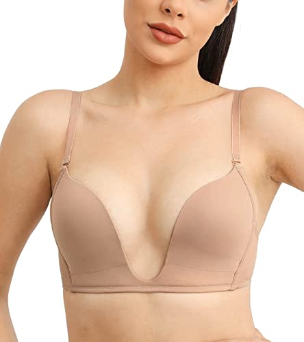 HACI U-Shaped Deep Plunge Bra Push Up Multi-Way Seamless Sexy Cleavage Bras(40B, Beige)