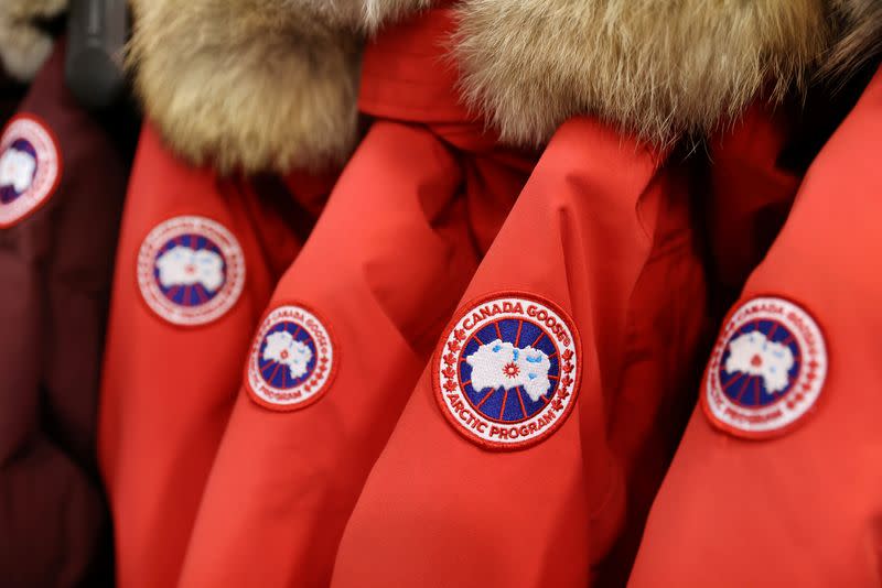 FILE PHOTO: Labels are seen on Canada Goose jackets in a store in Manhattan, New York City