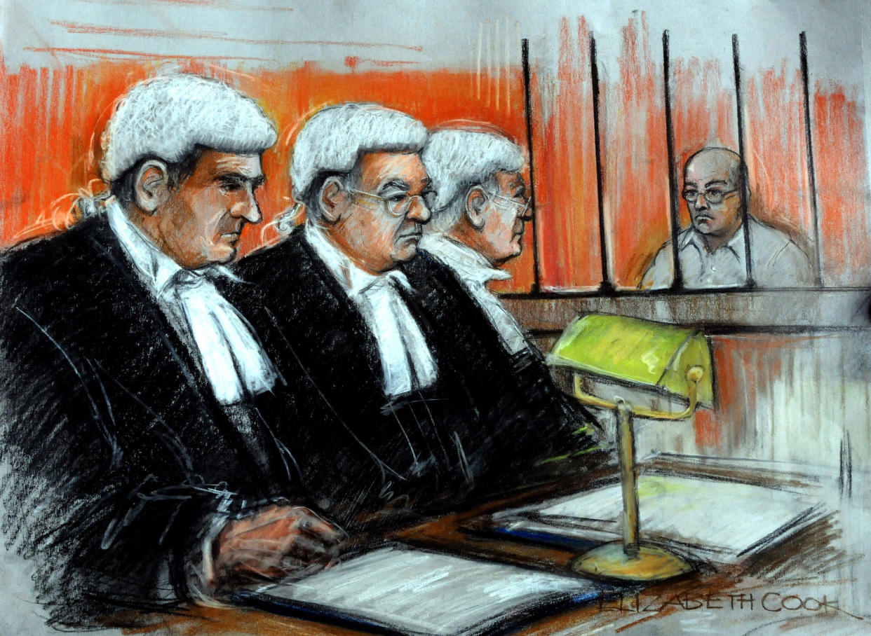 Artist's impression of Colin Pitchfork, 48, (right) appealing the length of his sentence at the Court of Appeal in London. Colin Pitchfork, now 48, who was jailed for life 20 years ago for the "heinous" murders of two schoolgirls in Leicestershire, is serving a minimum term of 30 years - the least he must spend behind bars before he can apply for parole.