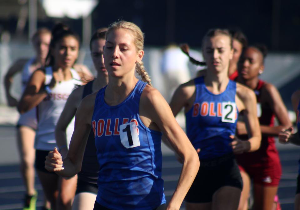 Jillian Candelino of Bolles leads the pack in the girls 1,600-meter run for Region 1-2A.