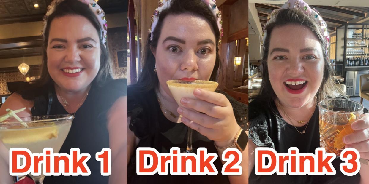 megan drinking cocktails from three different bars at disney world labeled drink 1 drink 2 and drink 3