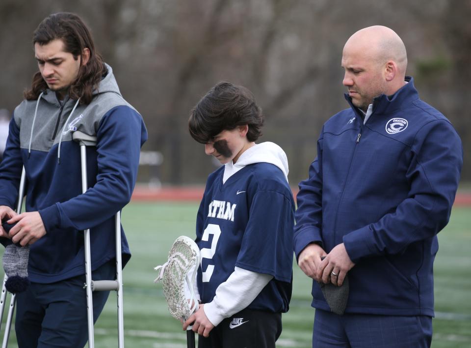 Nick Pacchia 13, center, during a moment of silence prior to the game that saw Delbarton top Chatham 5-3 in Boys Lacrosse played in Chatham, NJ on March 30, 2022.