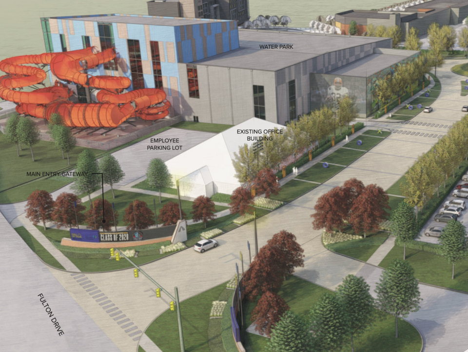 A rendering shows the layout of the indoor water park being constructed at the Hall of Fame Village in Canton. The 147,000-square-foot water park is expected to be finished by the fall of 2024.